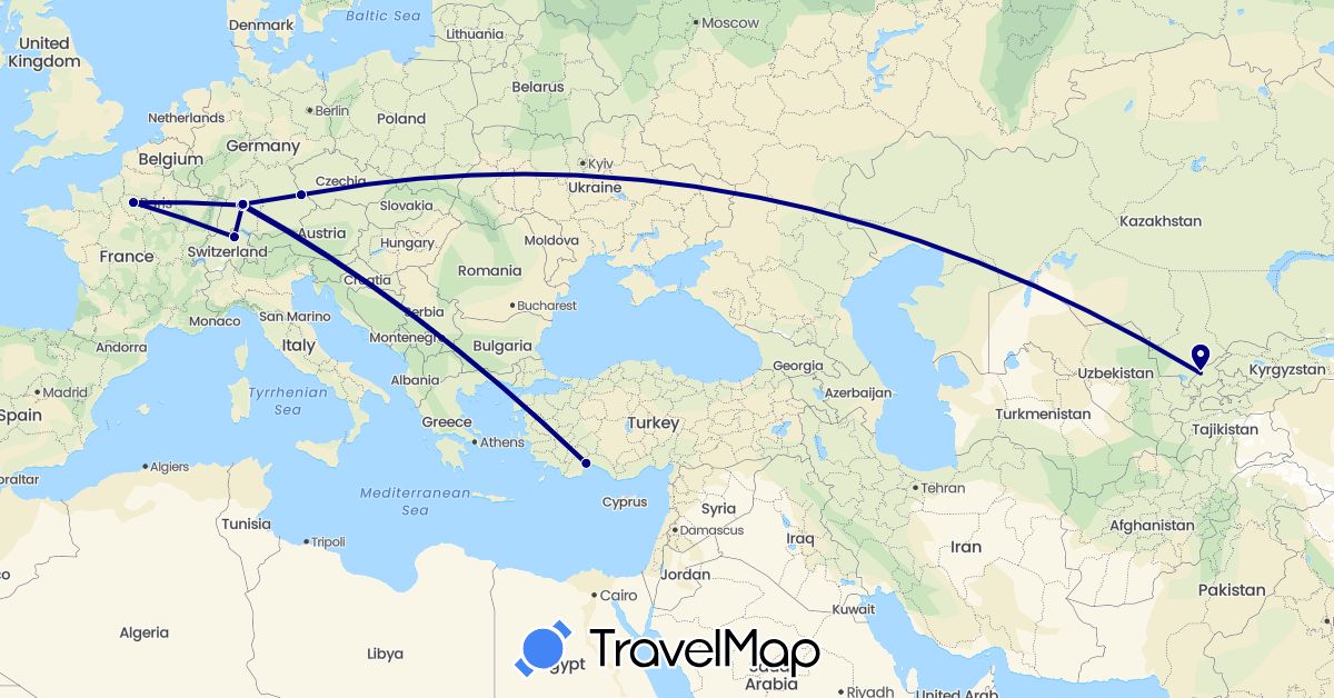 TravelMap itinerary: driving in Switzerland, Germany, France, Turkey, Uzbekistan (Asia, Europe)